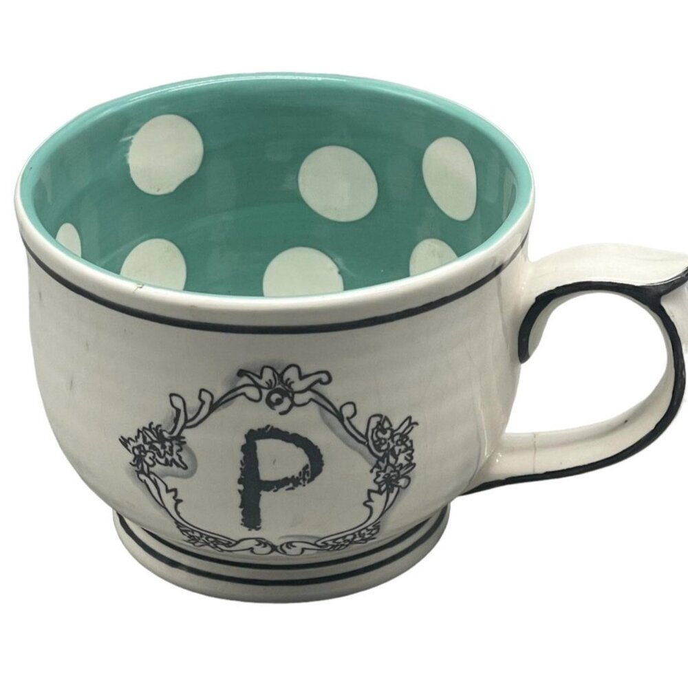 Katie mandy mug cup white blue dots stripes 3.5x5.5" READ